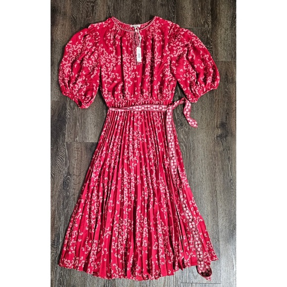 Max Studio Red Floral Print Puff Sleeve Pleated Midi  Dress Women's Large - Picture 6 of 10